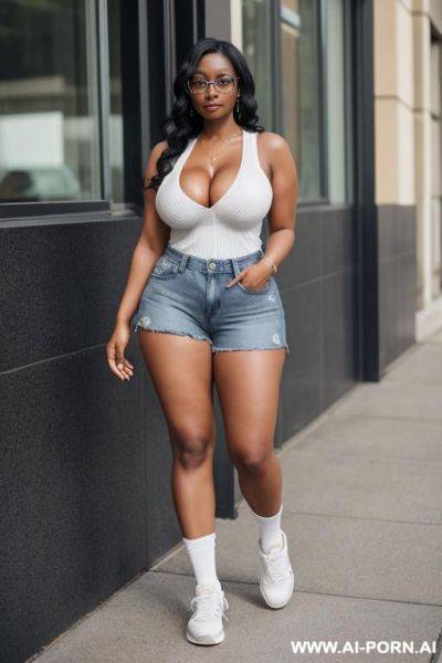 Hot sexy tall woman dark skin huge boobs, (sneakers ) glasses (shorts) (big cleavage) ( knee socks) (amazing body) (no shirt) (no bra) - ai-porn.ai on pornintellect.com