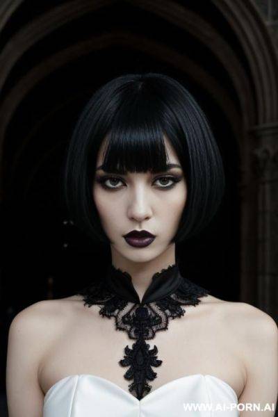 One woman, black hair, black eyes, bobcut, eighwoman years old, white skin, svelte body, long shot, black gothic dress, serious face, castle - ai-porn.ai on pornintellect.com