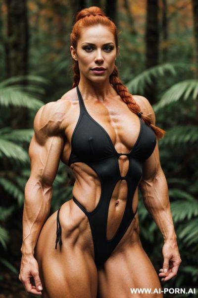 Redhead detailed face, braided, primal fur, tribal clothes, huge thigs, fit waist, rounded breast, muscle mummy breast, big ass, standing legs together, huge thighs, autumn jungle - ai-porn.ai on pornintellect.com