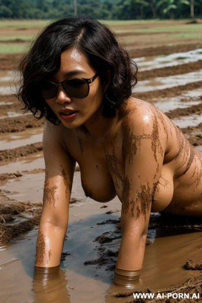 Thai woman, chubby, curly bob, sunglasses, fair skin, naked, showing nipples, crawling, mud, countryside, thailand - ai-porn.ai - Thailand on pornintellect.com