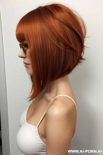 European woman, 20 years old, copper orange hair, precision-cut asymmetrical bob, silky straight hair with soft waves, graduated layers shorter in back longer in front, blunt cut bangs, sleek - ai-porn.ai on pornintellect.com