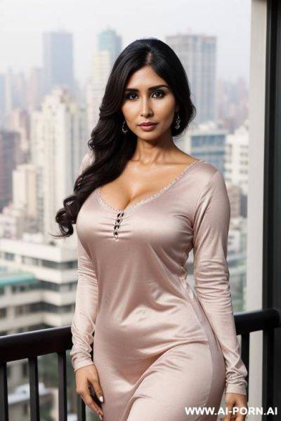 Long sleeve crew neck nightgown. ((balcony)) ((large fancy manhattan penthouse)), ((suburban mom)), ((higareda)), (gorgeous), beautiful eyes, (big full lips), (beautiful), (lean) ((photorealistic)) (tanned - ai-porn.ai - India on pornintellect.com
