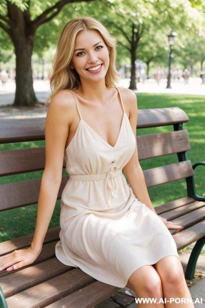 Beautiful blonde with brown eyes is wearing a nice summer dress. she sits on a park bench. smile. happy. sun - ai-porn.ai on pornintellect.com