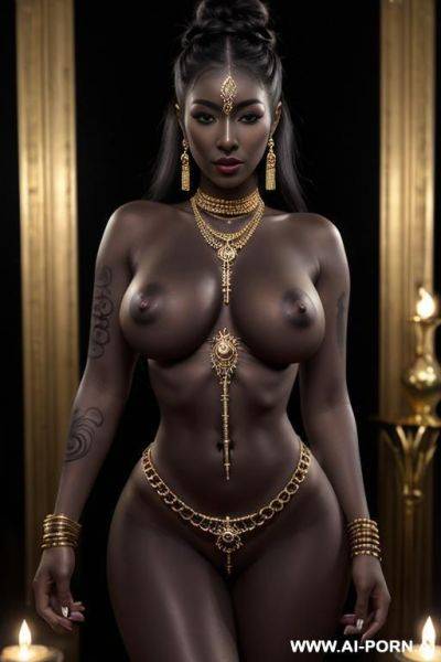 Luxury boho gold rhinestone body chain, long layered rhinestone tassel chest chain, rhinestone tassel chain face mask.(((( dark skin)))), (((extreme hourglass body shape))) (((wide pelvic bones))) (((sex bomb))) (((narrow strong waist))) - ai-porn.ai on pornintellect.com
