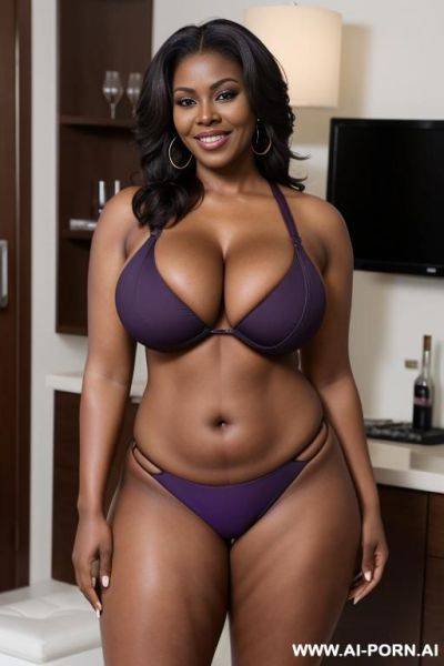 Busty ebony milf, huge natural boobs, giant natural boobs, busty ebony mom, thick curvy body, wearing a purple bikini, seductive face, mature face, seductive smile - ai-porn.ai on pornintellect.com