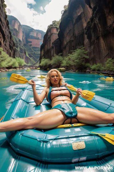 Totally naked woman, ((enormous massive huge gigantic full saggy round tits)), ((lying on back in bed)), ((legs stretched wide open)), ((exposing pussy)), ((trimmed blonde pubic hair)) - ai-porn.ai on pornintellect.com