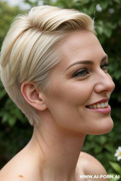 Pretty suburban milf, long hanging down saggy tits, very hairy pussy, thick pubic hair, looks dreamy out of the garden (((hyper gaping pussy))), (((hyper short hair))), (((2 women))), ((side view)), bent over - ai-porn.ai on pornintellect.com