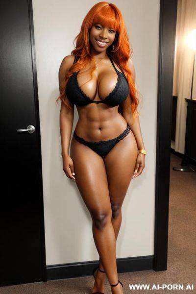 Lesbian busty babe ((massive breasts)), v-tappered abs, (dark skin), thick voluminous hair, long wavy hair, ((long blonde orange hair)), seductive eyes, eye contact, cleavage, (very high heels) - ai-porn.ai on pornintellect.com