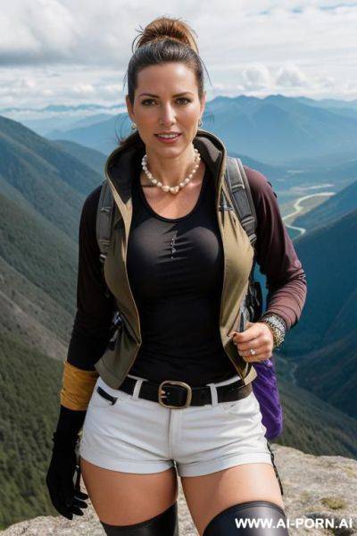 Very elegant, earrings, full make-up, bracelets, rings, massive pearl necklace, golden ellery, black jacket, black stockings, boss offce, very hairy pussy, wrinkles, - ai-porn.ai on pornintellect.com