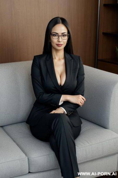 Woman sitting on the couch. crossing her arms. in glasses. big thighs. in glasses. big hips. in a suit - ai-porn.ai on pornintellect.com