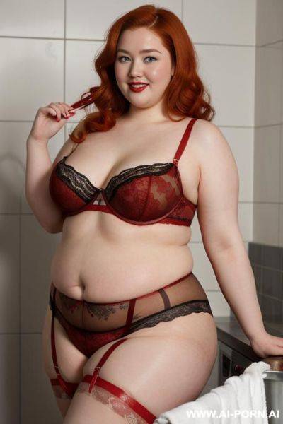 Half-length photo, ((half body photo shot close up)). as a set in the laundry area, a (((very obese))) fat chubby fat thick and bbw redhead british, ((she is washing clothes)). she has - ai-porn.ai - Britain on pornintellect.com