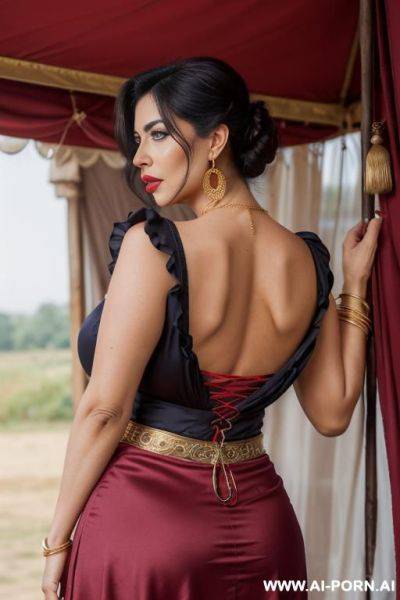 Perfect busty bimbo, (red and blue skirt ) (very high platform heels) (big cleavage) (((huge saggy boobs))) (((wide lips))) (((big expressive eyes))) ((gold necklace)) (open mouth), (((slutty))) (heavy - ai-porn.ai on pornintellect.com