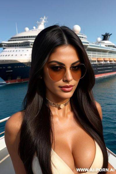 (slight smile), (full voluminous long hair), (choker), , (perfect model face), (soft tan), heavy makeup, big gap pussy, pouting pussy - ai-porn.ai on pornintellect.com