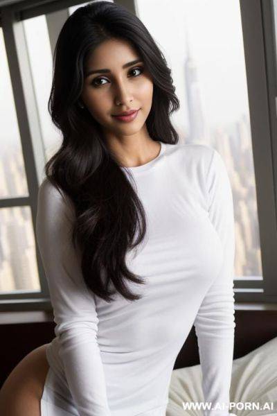 ((crew neck long sleeve white shirt)) , ((bedroom with large windows )) ((large fancy manhattan penthouse)), ((higareda)), (gorgeous), beautiful eyes, (big full lips), (beautiful), (lean) - ai-porn.ai - India on pornintellect.com