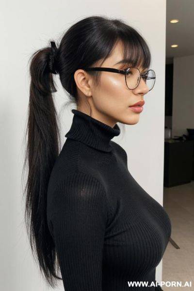 Full shot, large shot, asian woman, glasses, long straight black hair, low sleek ponytail tied at nape of neck, side-swept wispy bangs covering forehead, long face-framing strands left loose on - ai-porn.ai on pornintellect.com
