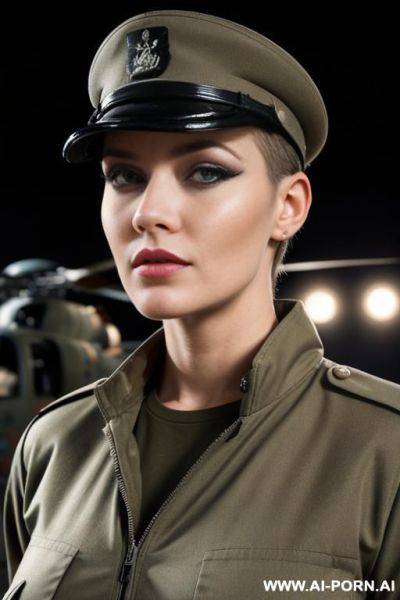 German ,beauty face, boobs, rainig, military haircut , nasty make up , muscle fit , defiant looking ,military cap back, yoga pants military, neckline camon opening jaquet military ,roof , weather at night , staying on cabin helicopter - ai-porn.ai - Germany on pornintellect.com