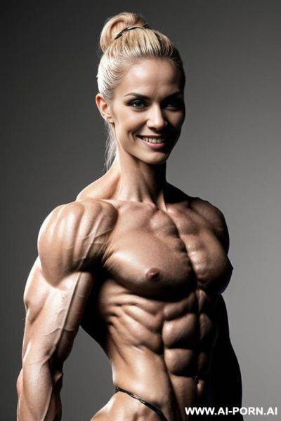 (gray background), (naked), (nude), (shortest most muscular finnish woman only), ((((sinewy gaunt slender finnish actress woman with extreme musculature)))), ((short)), ((very white pallid skin)), ((perfect - ai-porn.ai - Finland on pornintellect.com