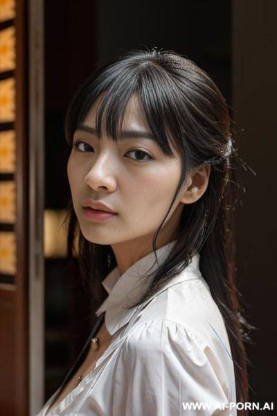 （杨幂），中国美女，看着镜头，美丽的脸，露出饱满的额头，很浓很直的眉毛，眉毛眼睛的距离特别近，非常明显的双眼皮，明亮的特别大的眼睛，特别深的眼窝，v字脸，特别特别靠后的又尖又小的下巴，颧骨特别小特别低，颚骨非常窄，上嘴唇微微翘起，人中部位很短，上牙有些靠后，下牙比上牙更加靠后，巨大乳房，又窄又直有挺的鼻子，鼻梁很弯有迷人的很大弧度，（最小的鼻头和极小极窄的鼻翼），身材消瘦，四肢纤细，笔直细长的腿，30岁人妻，修长的天鹅颈，黑色长发略带波浪 - ai-porn.ai on pornintellect.com