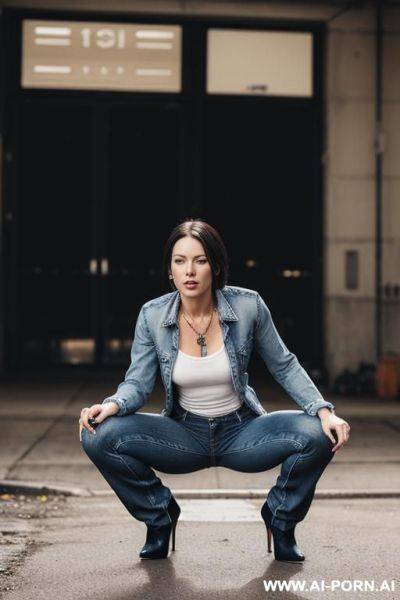 Low rise jeans. flare jeans, high heels, tits out, sucking dick - ai-porn.ai on pornintellect.com