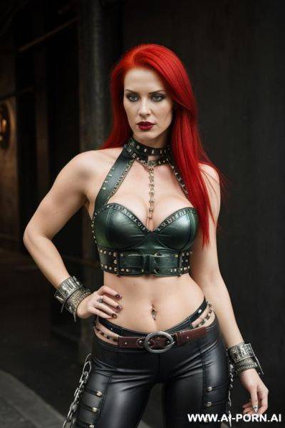 Red hair woman wearing light green and black leather halter top black corset and leggings large metal buckles and studs metal bracelets barbarian - ai-porn.ai on pornintellect.com