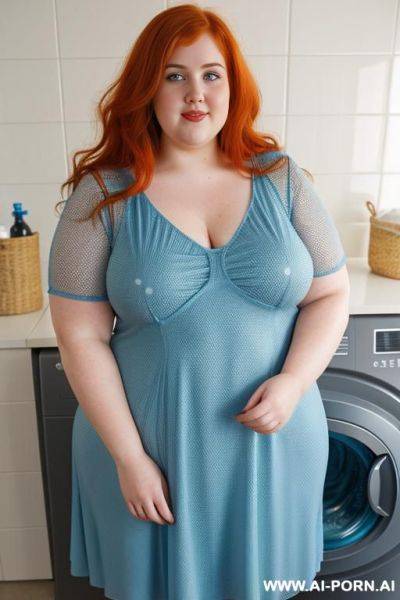 Half-length photo, ((half body photo shot close up)). as a set in the laundry area, a (((very obese))) fat chubby fat thick and bbw redhead british, ((she is washing clothes)). she has - ai-porn.ai - Britain on pornintellect.com