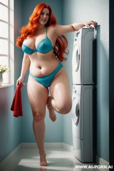 Half-length photo, as a setting in the laundry area, a fat chubby ((very obese with hips and hot)) fat thick and bbw redhead british, she is washing clothes and is soaked in foamy water. - ai-porn.ai - Britain on pornintellect.com