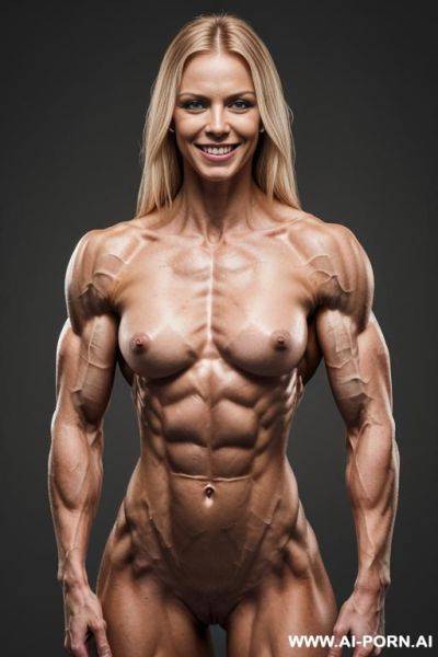(gray background), (naked), (nude), ((shortest slender most muscular finnish woman only)), ((((sinewy gaunt slender beautiful finnish actress woman with extreme musculature)))), ((short)), ((very white - ai-porn.ai - Finland on pornintellect.com