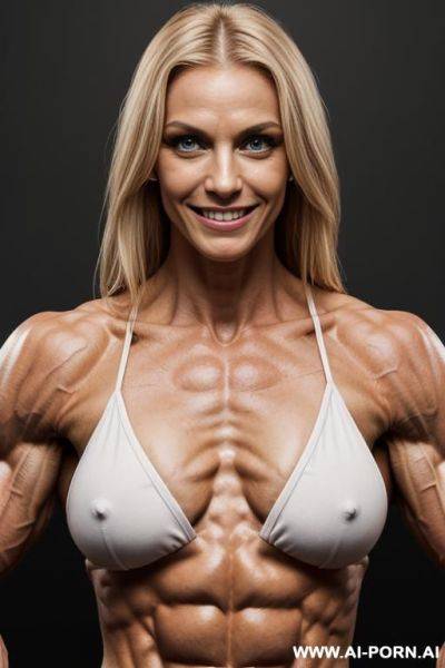 (gray background), (naked), (nude), ((shortest slender most muscular german woman only)), ((((sinewy gaunt slender beautiful german muscle woman with extreme musculature)))), ((short)), ((very white pallid - ai-porn.ai - Germany on pornintellect.com