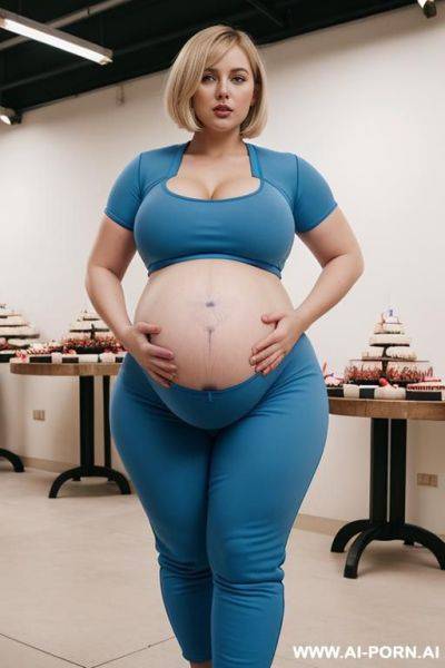 Obese pregnant woman. tight blue tracksuit crop top. lactation. milking machines. desserts and pie. blonde bobcut. factory. enormous round belly, low hanging belly. wide hips. big booty. milk buckets. huge pregnant tummy - ai-porn.ai on pornintellect.com