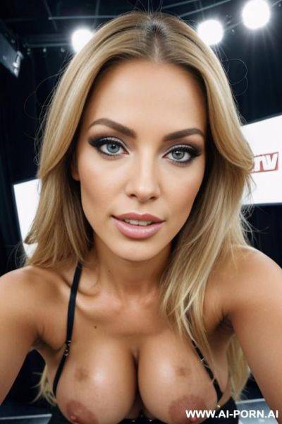 Supermodel becomes a porn star, perfect supermodel body, porn star makeup, terrible fake blonde highlights, porn outfit, legs spread for sex, pov, closeup view, her perfect pussy fucked by stage hands backstage at a tv studio - ai-porn.ai on pornintellect.com