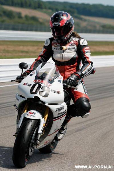 (unzipped motorcycle racing uniform) (exposed breasts) (motorcycle helmet) (leaning on racing motorcycle) - ai-porn.ai on pornintellect.com