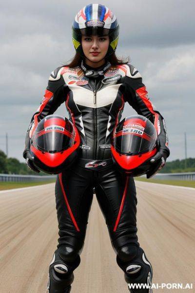 (unzipped open motorcycle racing uniform) (showing breasts) (motorcycle helmet) (leaning on racing motorcycle) - ai-porn.ai on pornintellect.com