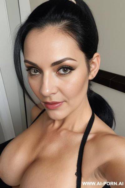 Mature woman, black hair, ponytail hair, big boobs, naked, selfie, slutty - ai-porn.ai on pornintellect.com