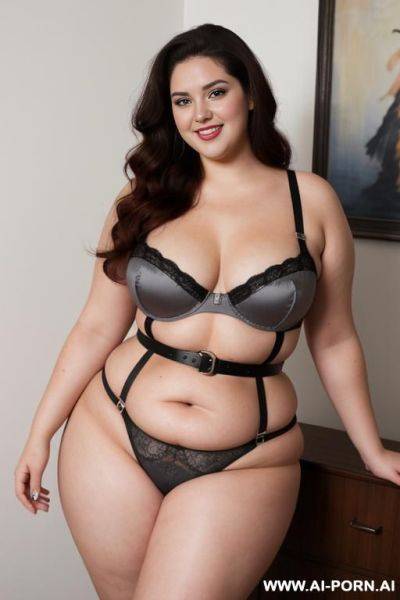 Full body photo shot, about at elegant art gallery, fat bbw curvy with love handless and tummy, she is 20 years old, wearing a sexy and hot gray gartert belt lingeries, she is eating. - ai-porn.ai on pornintellect.com
