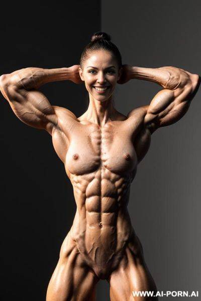 (gray background), (naked), (nude), ((shortest slender most muscular actress k. waterston only)), ((((nude sinewy slender beautiful german muscle woman with extreme musculature)))), ((short)), ((very white - ai-porn.ai - Germany on pornintellect.com