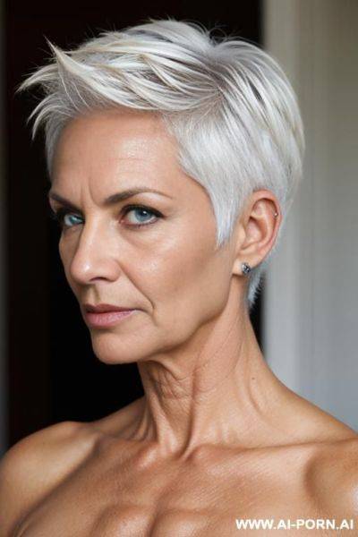 Classy mature fit older woman with tanned skin and toned body, naked, spiky pixie undercut hair - ai-porn.ai on pornintellect.com