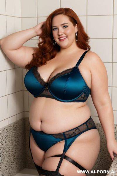 Half body photo studio shot, about a fat bbw, so chubby, (very obese) woman ((with love handless and tummy)), wearing a sexy and hot garter belt lingerie and taking a bath - ai-porn.ai on pornintellect.com