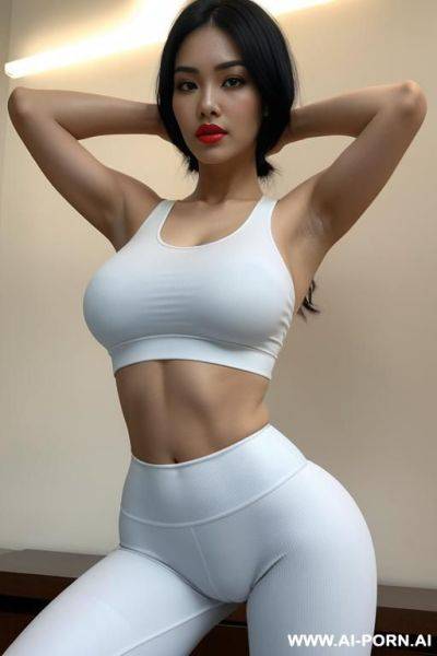 Thai female , 20s, straight black hair, tone body, hourglass shape, large breast, extra large hard nipples, firm bubble butt, green eye, red lips, wearing white leggings with camel toe and light blue tanktop - ai-porn.ai - Thailand on pornintellect.com