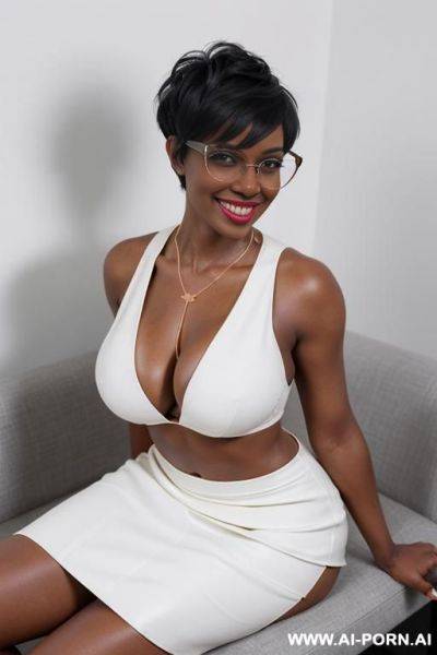 (tall hot woman) (dark skin) (huge boobs) (glasses) (high heels) (pixie hair cut) (amazing fit abs ) (white tight skirt) (big cleavage) (topless) (no bra) (no shirt) - ai-porn.ai on pornintellect.com