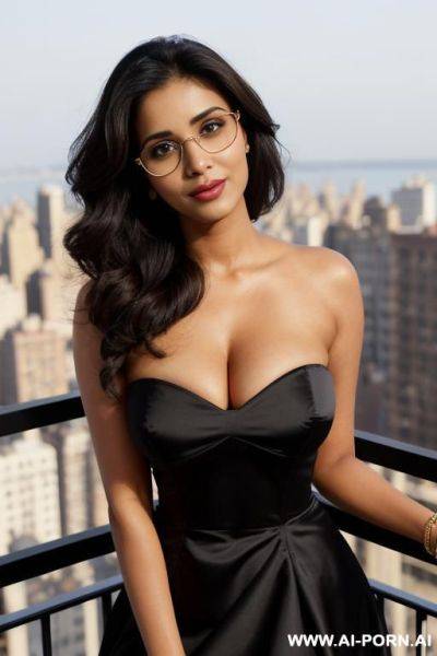 (black strapless dress), ((manhattan penthouse balcony)), ((asin)), (gorgeous), beautiful eyes, (big full lips), (beautiful), (lean) ((photorealistic)) (tanned indian), ((ultra detailed photo)), ((hyper - ai-porn.ai - India on pornintellect.com