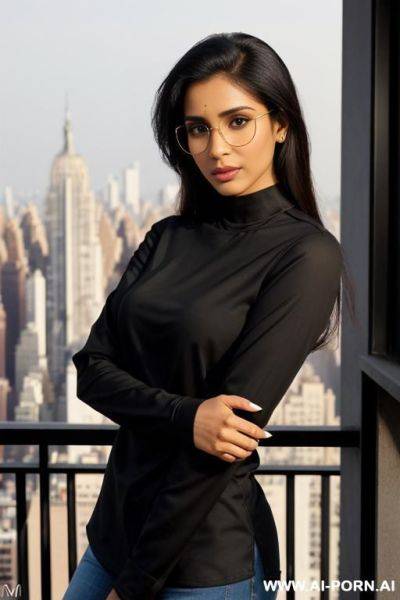 ((long sleeve crew neck black shirt)), ((manhattan penthouse balcony)), ((asin)), (gorgeous), beautiful eyes, (big full lips), (beautiful), (lean) ((photorealistic)) (tanned indian), ((ultra detailed photo)), ((hyper realistic photo)) ((busty)) - ai-porn.ai - India on pornintellect.com