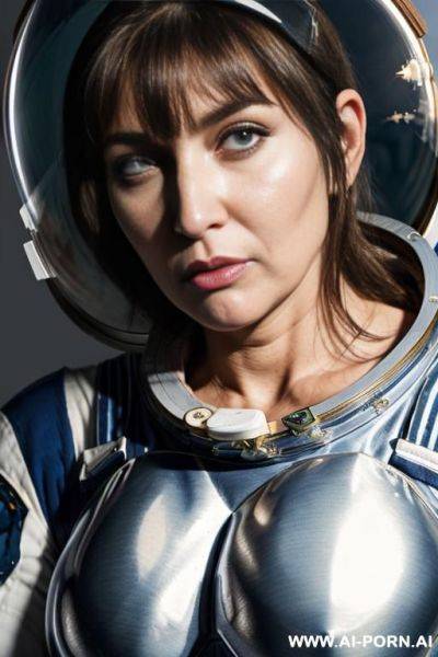 Female knight, silvery blue full plate armour covering whole body, long hair with bangs, green eyes, tanned skin - ai-porn.ai on pornintellect.com