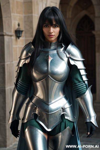 Female knight, strong body, silvery blue full plate armour covering whole body, long hair with bangs, green eyes, tanned skin - ai-porn.ai on pornintellect.com