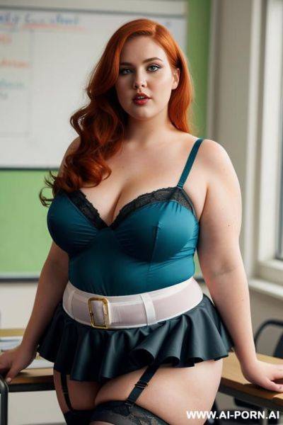 Close up half body photo shot, dynamic angle, about at classroom, obese chubby fat bbw curvy teacher, wearing a sexy and hot micro blue ruffle skirt and garter belt top, teaching to the classroom. - ai-porn.ai on pornintellect.com