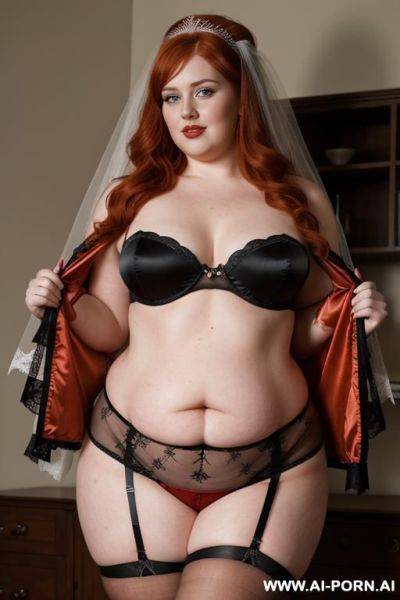 Half-length photo, ((half body photo shot close up)). as a set in the laundry area, a ((obese)) fat chubby redhead british. she has lovehandless. she is wearing a red garter belt stocking - ai-porn.ai - Britain on pornintellect.com