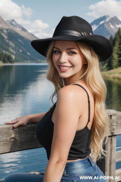 Beautiful woman, american, blonde, long hair, black top, blue jeans, black cow hat, sunshine, sitting on a wooden fence, lake and mountains in background - ai-porn.ai - Usa on pornintellect.com