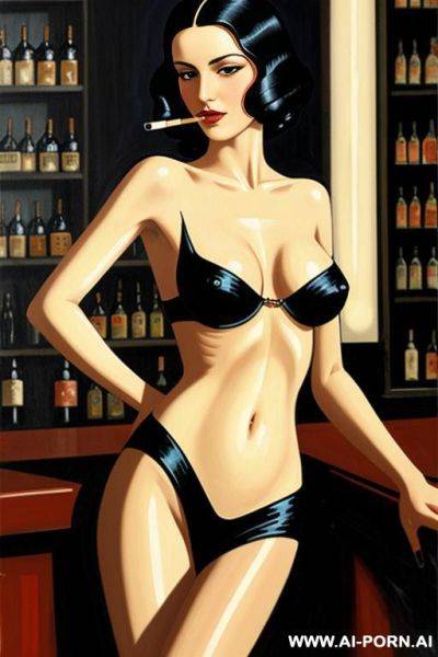 Art deco painting, totally naked female smoking cigarette in the bar - ai-porn.ai on pornintellect.com