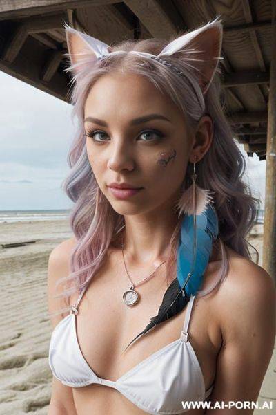 Face, ((sexy)), beautiful, ((split hair color in 2)), ((percing nose)), ((face painting)), ((bikini as seashell)), ((tattoo roses)), ((eyes shw)), ((angel wings)), ((rainbow hair)), ((one rose in hair) - ai-porn.ai on pornintellect.com