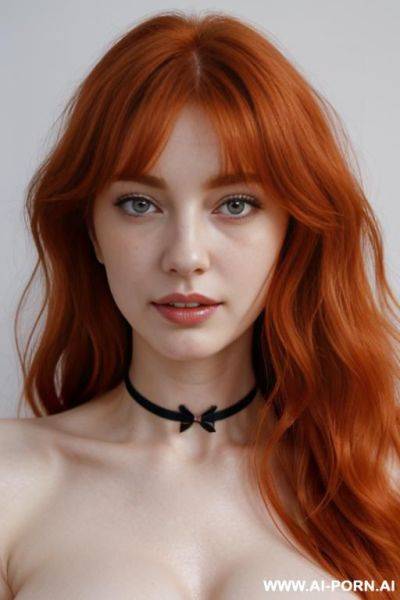(((topless))), beautiful face, redhead, long wavy fluffy and messy hair, hair styles bangs, big naked breasts, choker, porcelain white skin - ai-porn.ai on pornintellect.com
