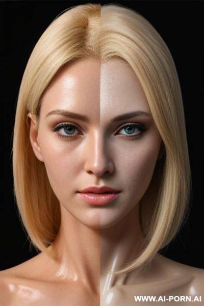 Beautiful blonde silicone robotic head, left half face human, missing skin in right half face exposing inner robotic parts and glowing robotic eye - ai-porn.ai on pornintellect.com